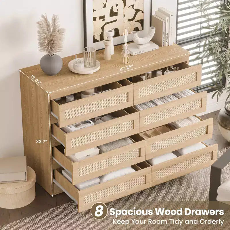 Rattan Dresser for Bedroom, Modern 8 Drawer Wooden Dresser Chest, Wide Wood Beside Table for Closet, Nursery, Living Room and Entryway