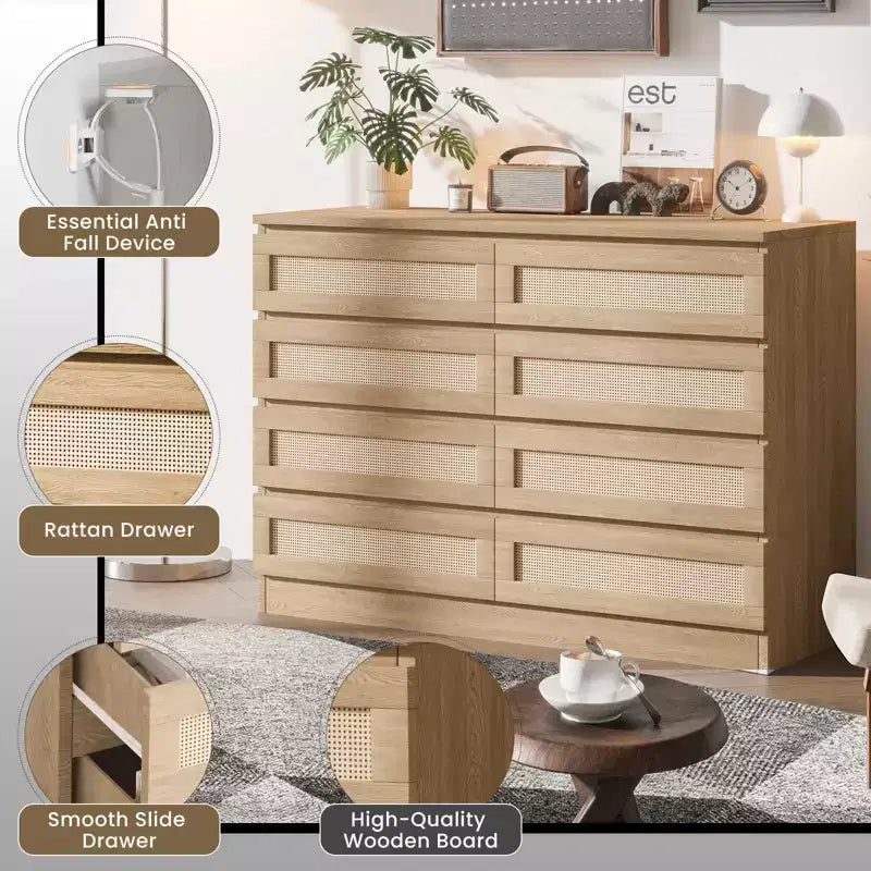 Rattan Dresser for Bedroom, Modern 8 Drawer Wooden Dresser Chest, Wide Wood Beside Table for Closet, Nursery, Living Room and Entryway