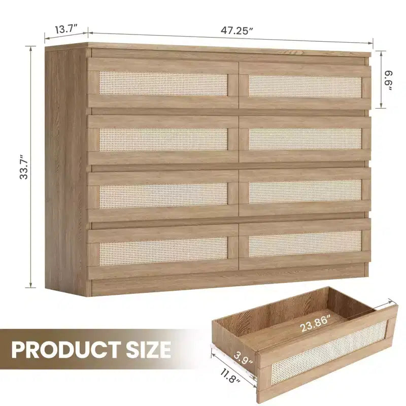 Rattan Dresser for Bedroom, Modern 8 Drawer Wooden Dresser Chest, Wide Wood Beside Table for Closet, Nursery, Living Room and Entryway