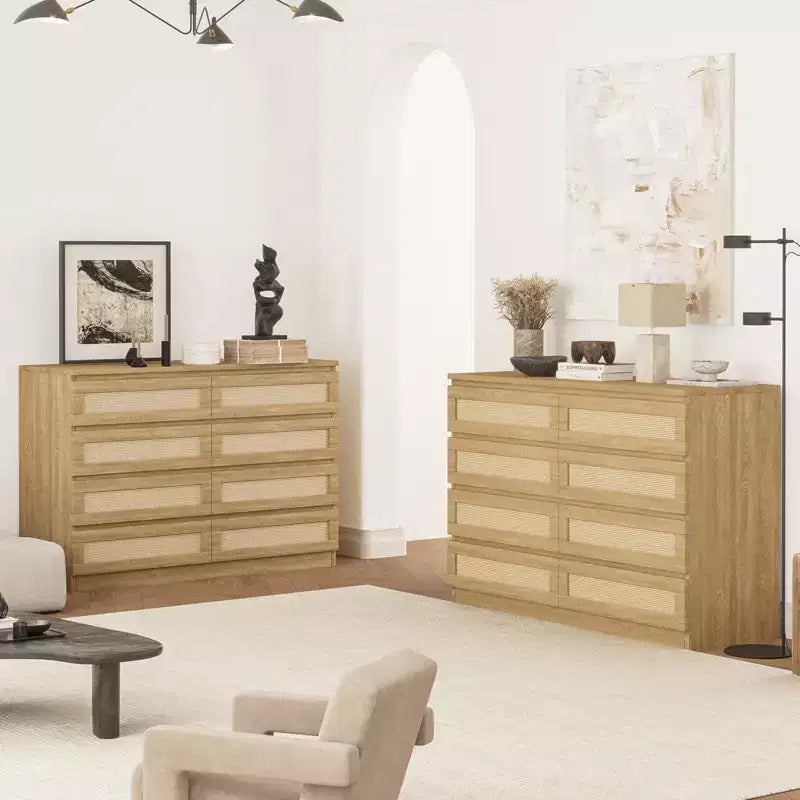 Rattan Dresser for Bedroom, Modern 8 Drawer Wooden Dresser Chest, Wide Wood Beside Table for Closet, Nursery, Living Room and Entryway