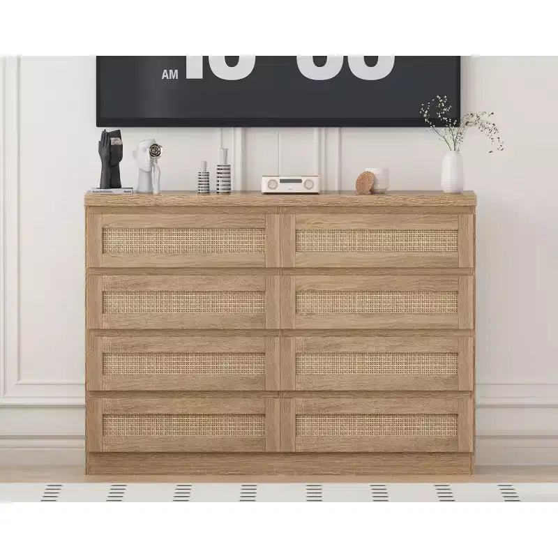 Rattan Dresser for Bedroom, Modern 8 Drawer Wooden Dresser Chest, Wide Wood Beside Table for Closet, Nursery, Living Room and Entryway