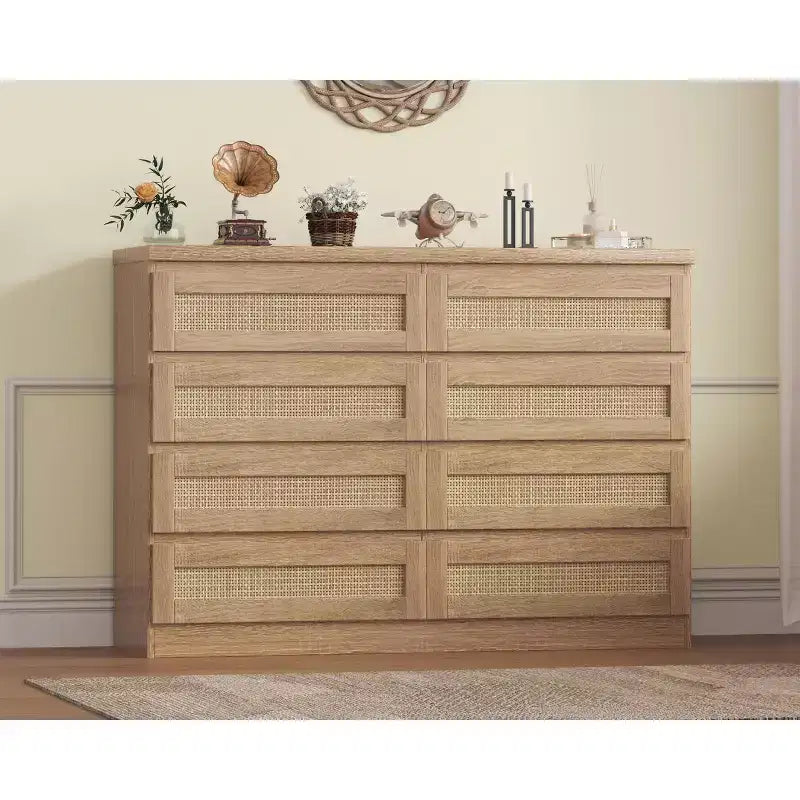 Rattan Dresser for Bedroom, Modern 8 Drawer Wooden Dresser Chest, Wide Wood Beside Table for Closet, Nursery, Living Room and Entryway