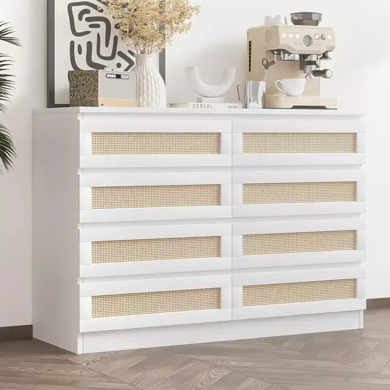 Rattan Dresser for Bedroom, Modern 8 Drawer Wooden Dresser Chest, Wide Wood Beside Table for Closet, Nursery, Living Room and Entryway