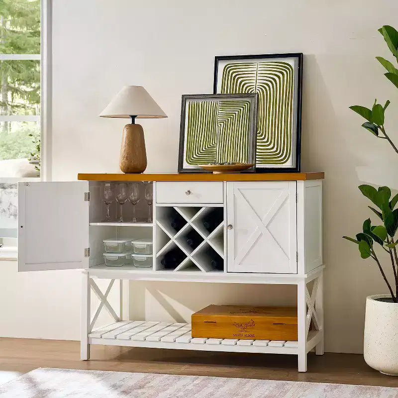 47 Wine Bar Cabinet Coffee Bar Cabinet with Wine Rack &Drawer Farmhouse Kitchen Buffet Cabinet with 2 Door &Bottom Shelf for Dining Room Living Room