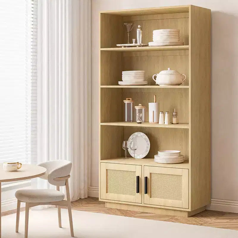 5 Tier Boho Wooden Bookcase ,Tall Open Shelf Book Stand with Storage, raw wood color