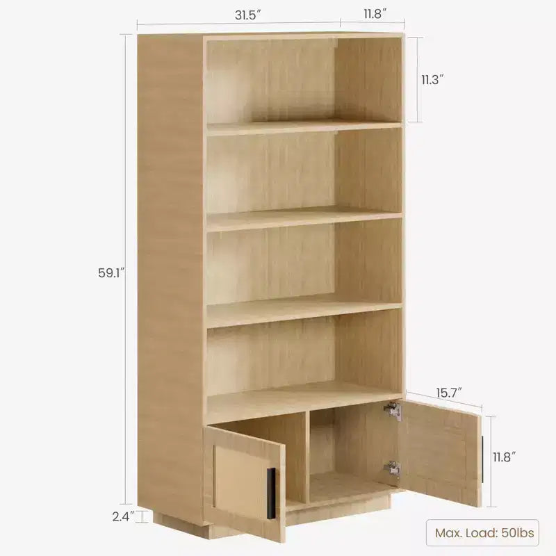 5 Tier Boho Wooden Bookcase ,Tall Open Shelf Book Stand with Storage, raw wood color