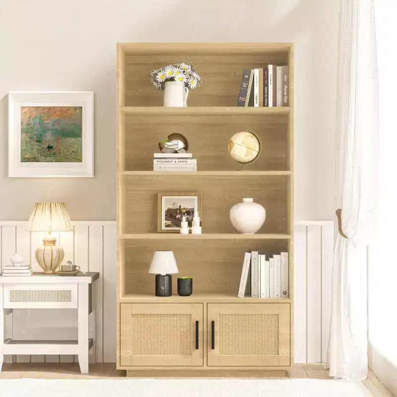 5 Tier Boho Wooden Bookcase ,Tall Open Shelf Book Stand with Storage, raw wood color