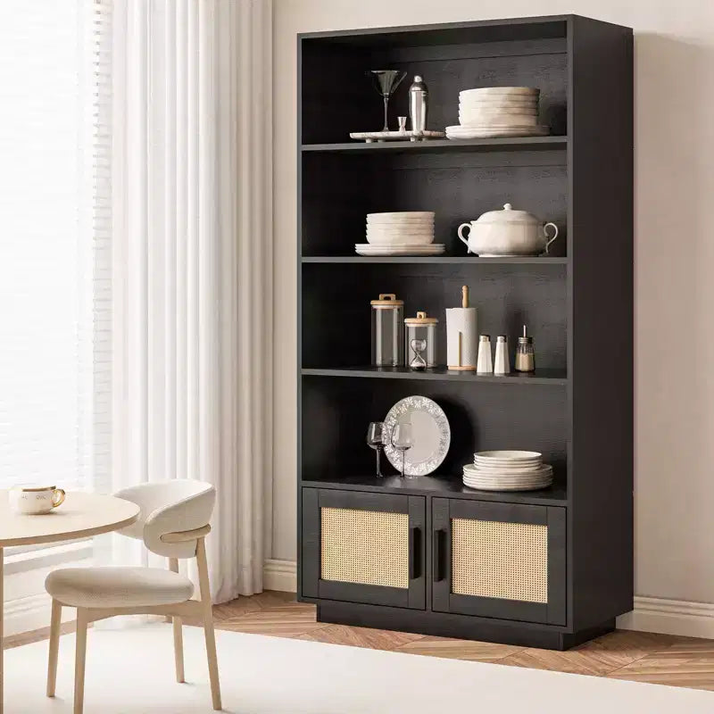 5 Tier Boho Wooden Bookcase ,Tall Open Shelf Book Stand with Storage, raw wood color