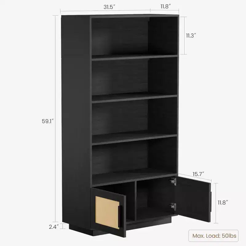 5 Tier Boho Wooden Bookcase ,Tall Open Shelf Book Stand with Storage, raw wood color