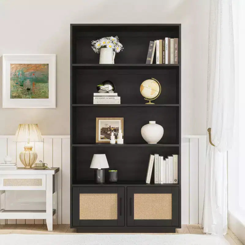 5 Tier Boho Wooden Bookcase ,Tall Open Shelf Book Stand with Storage, raw wood color