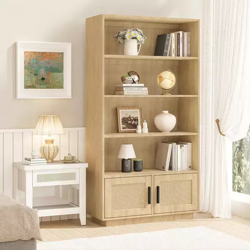 5 Tier Boho Wooden Bookcase ,Tall Open Shelf Book Stand with Storage, raw wood color