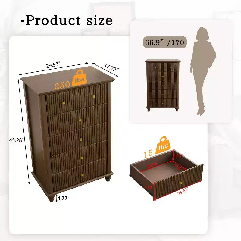 Okak Modern Style Tall Dressers with Fluted Drawers,Chest of Drawers for Bedroom,Entryway,Wooden Dresser Organizer with Metal Handle