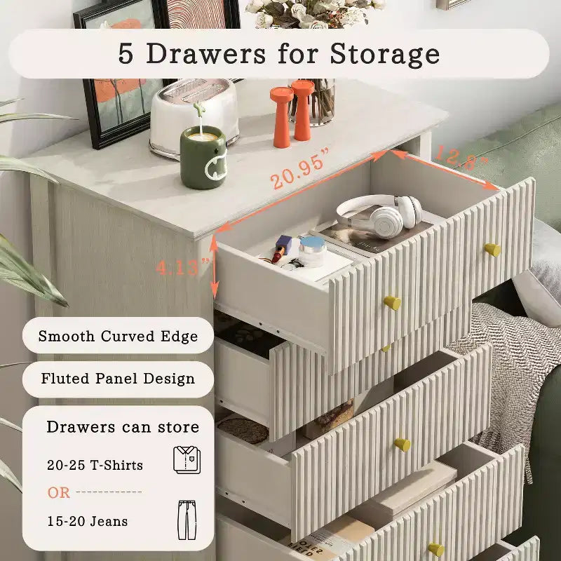 Okak Modern Style Tall Dressers with Fluted Drawers,Chest of Drawers for Bedroom,Entryway,Wooden Dresser Organizer with Metal Handle