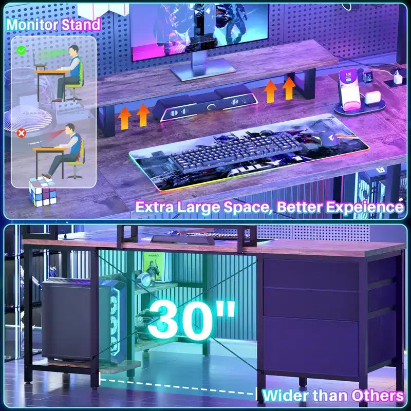 Besiost L Shaped Computer Desk with Hutch, Power Outlets, LED Lights & Storage Drawers