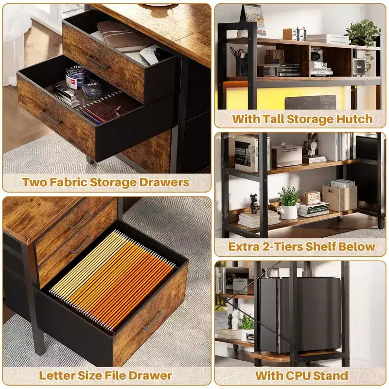 Besiost L Shaped Computer Desk with Hutch, Power Outlets, LED Lights & Storage Drawers