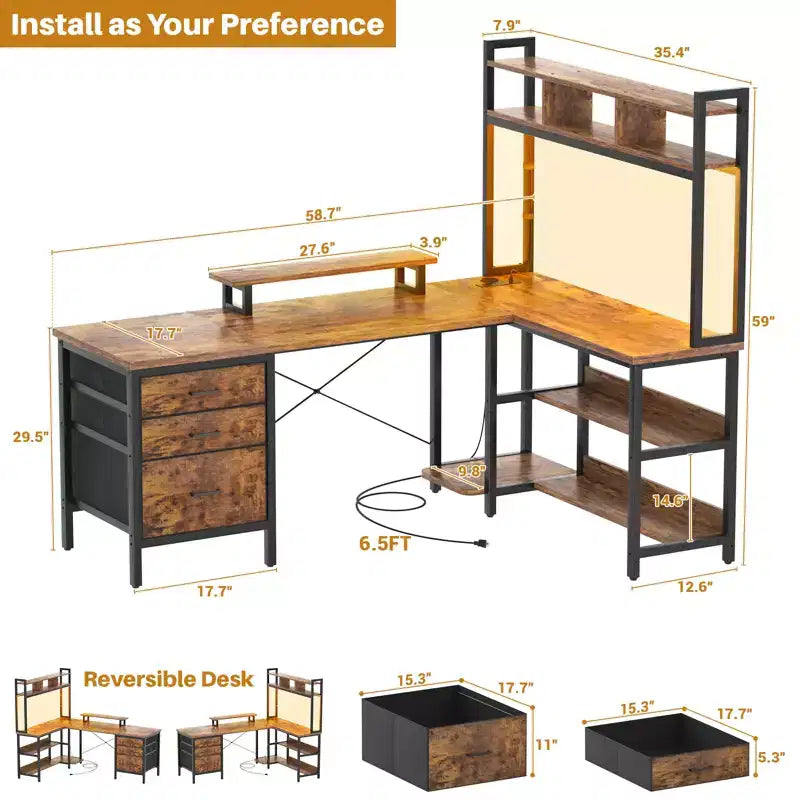 Besiost L Shaped Computer Desk with Hutch, Power Outlets, LED Lights & Storage Drawers