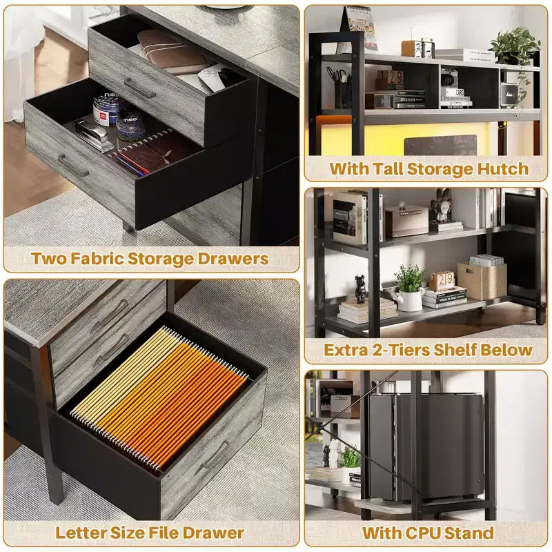 Besiost L Shaped Computer Desk with Hutch, Power Outlets, LED Lights & Storage Drawers