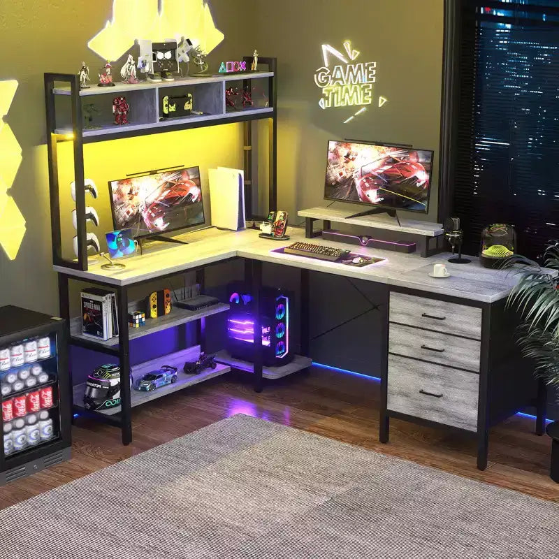 Besiost L Shaped Computer Desk with Hutch, Power Outlets, LED Lights & Storage Drawers