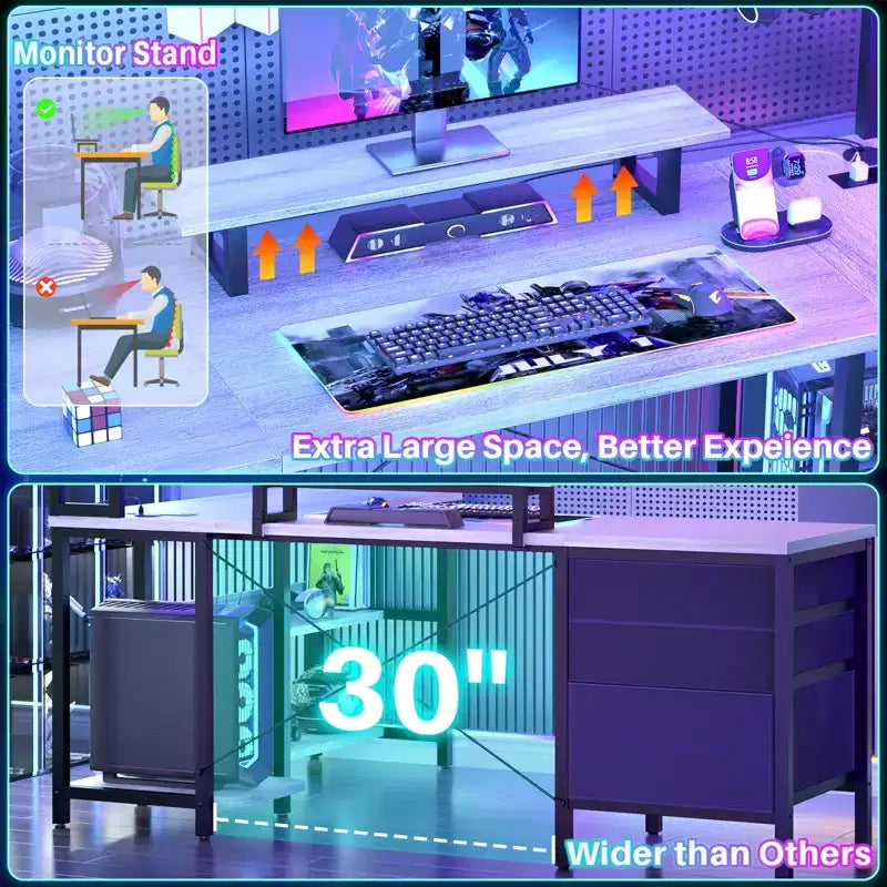 Besiost L Shaped Computer Desk with Hutch, Power Outlets, LED Lights & Storage Drawers