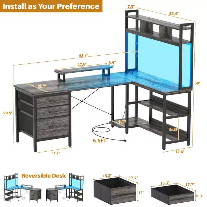 Besiost L Shaped Computer Desk with Hutch, Power Outlets, LED Lights & Storage Drawers