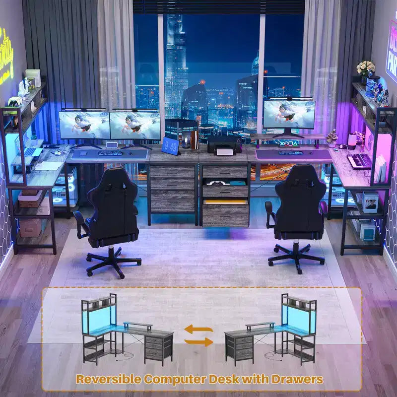 Besiost L Shaped Computer Desk with Hutch, Power Outlets, LED Lights & Storage Drawers