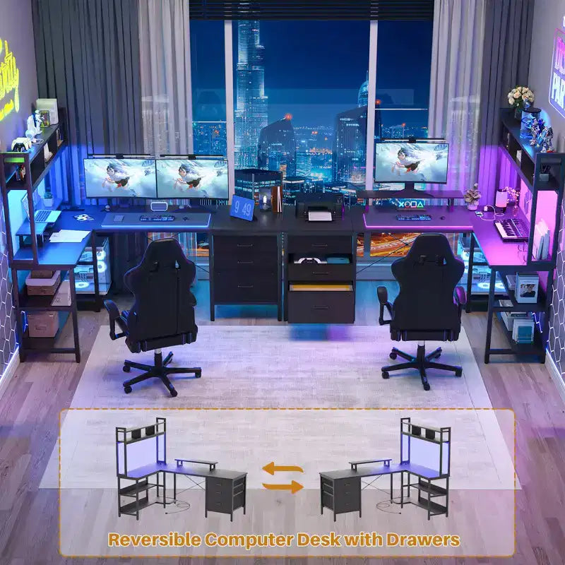 Besiost L Shaped Computer Desk with Hutch, Power Outlets, LED Lights & Storage Drawers