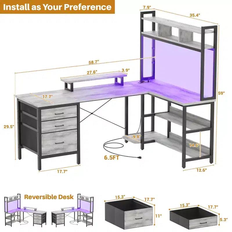 Besiost L Shaped Computer Desk with Hutch, Power Outlets, LED Lights & Storage Drawers