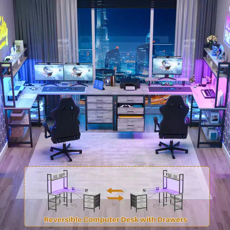 Besiost L Shaped Computer Desk with Hutch, Power Outlets, LED Lights & Storage Drawers