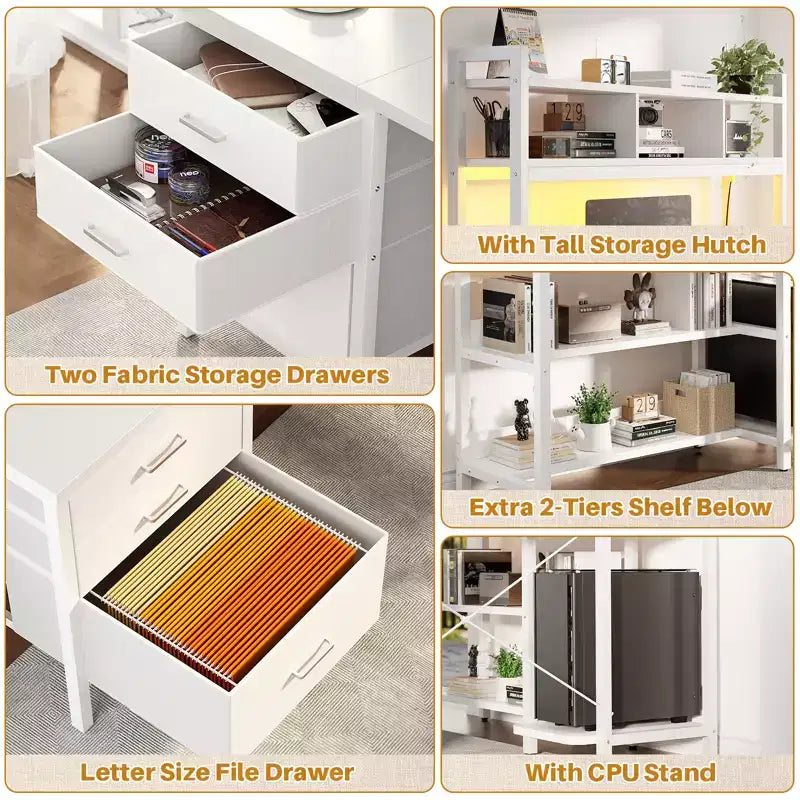 Besiost L Shaped Computer Desk with Hutch, Power Outlets, LED Lights & Storage Drawers