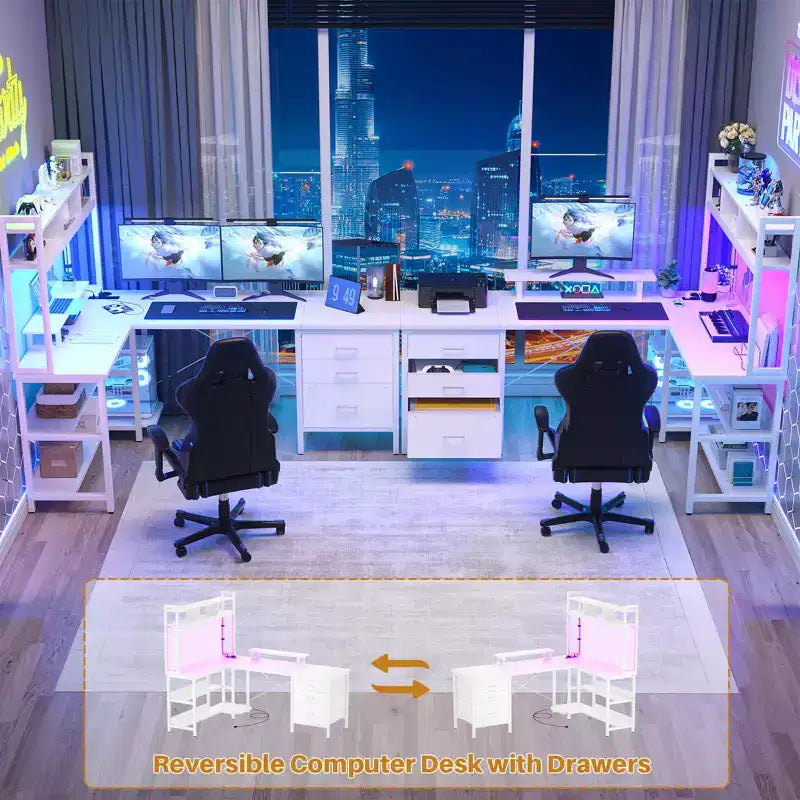 Besiost L Shaped Computer Desk with Hutch, Power Outlets, LED Lights & Storage Drawers