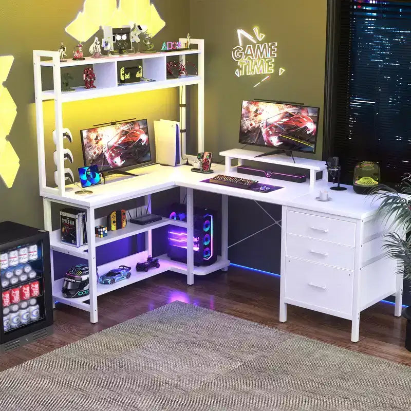 Besiost L Shaped Computer Desk with Hutch, Power Outlets, LED Lights & Storage Drawers