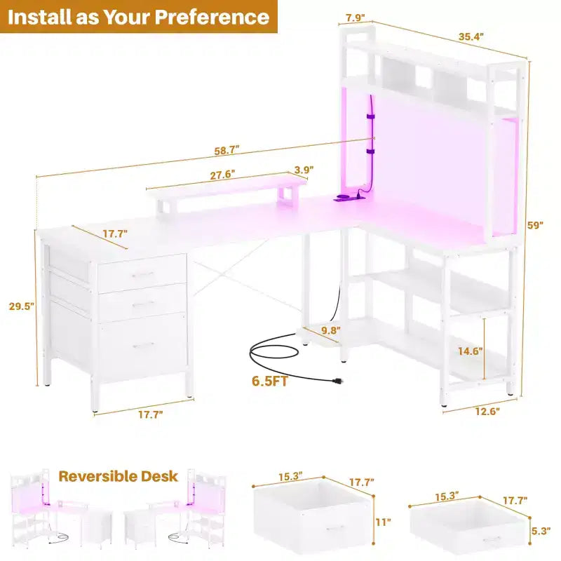 Besiost L Shaped Computer Desk with Hutch, Power Outlets, LED Lights & Storage Drawers