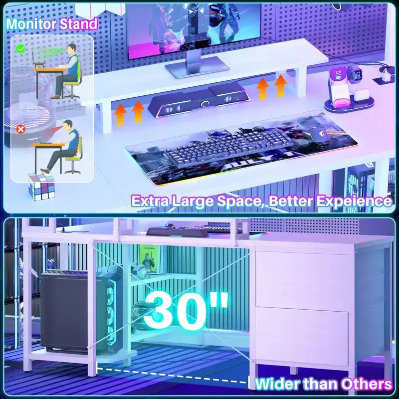 Besiost L Shaped Computer Desk with Hutch, Power Outlets, LED Lights & Storage Drawers