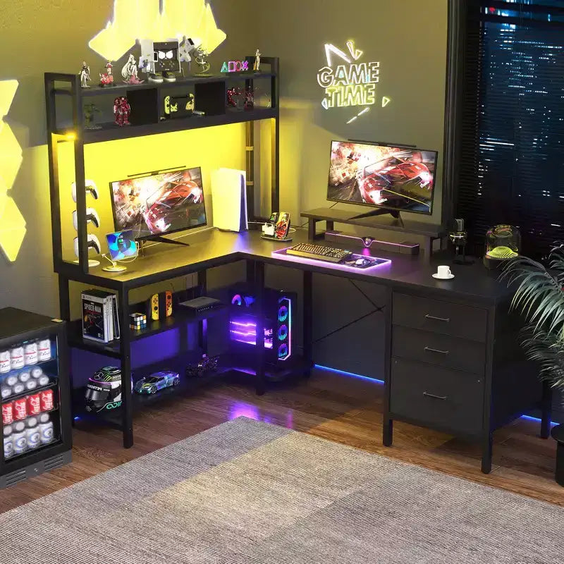 Besiost L Shaped Computer Desk with Hutch, Power Outlets, LED Lights & Storage Drawers