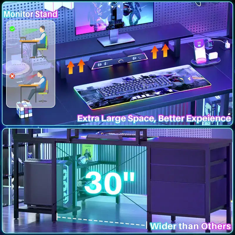 Besiost L Shaped Computer Desk with Hutch, Power Outlets, LED Lights & Storage Drawers