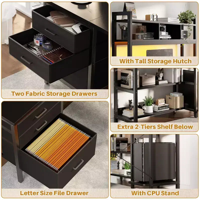 Besiost L Shaped Computer Desk with Hutch, Power Outlets, LED Lights & Storage Drawers