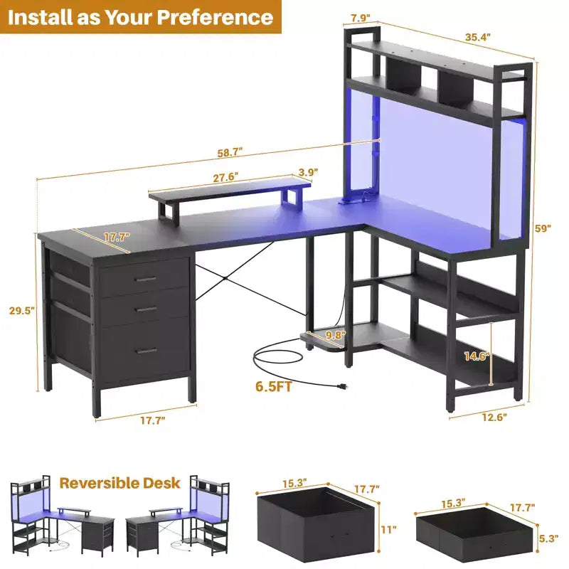 Besiost L Shaped Computer Desk with Hutch, Power Outlets, LED Lights & Storage Drawers