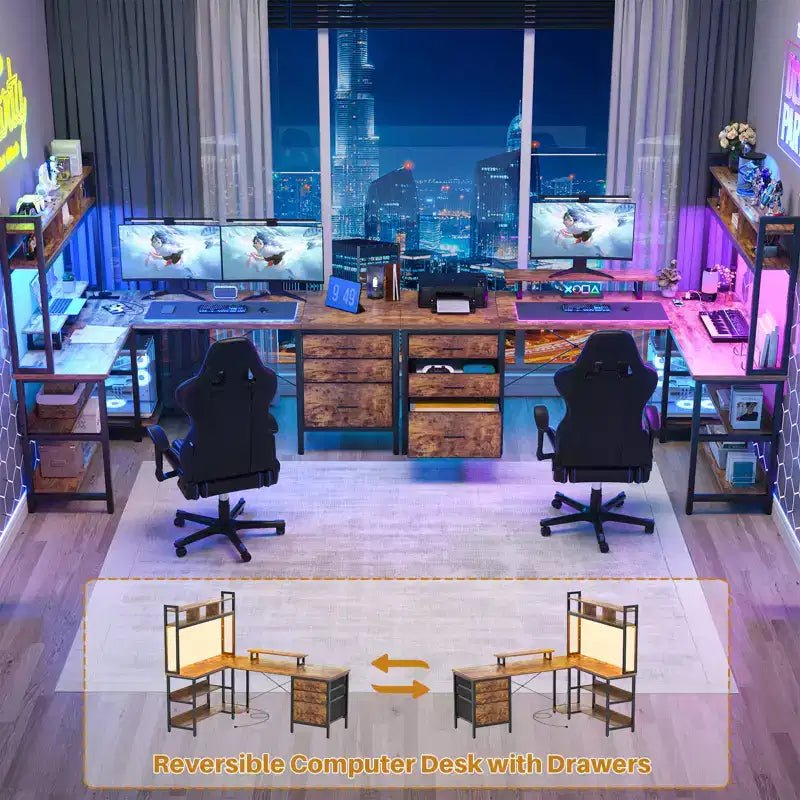 Besiost L Shaped Computer Desk with Hutch, Power Outlets, LED Lights & Storage Drawers