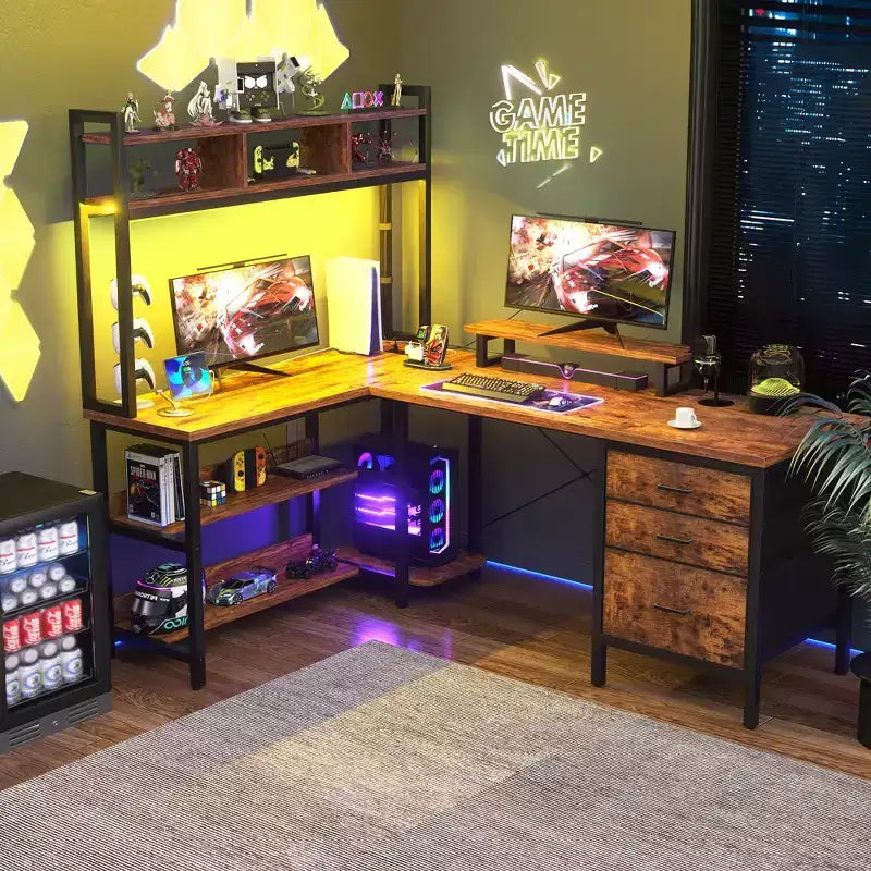 Besiost L Shaped Computer Desk with Hutch, Power Outlets, LED Lights & Storage Drawers