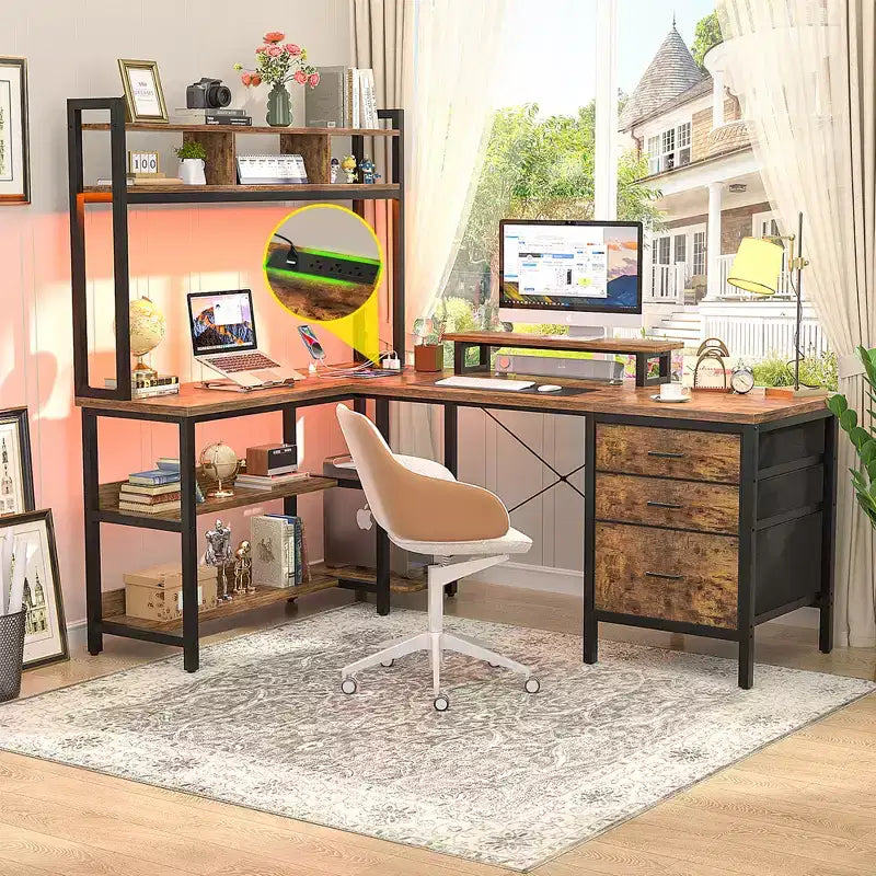 Besiost L Shaped Computer Desk with Hutch, Power Outlets, LED Lights & Storage Drawers