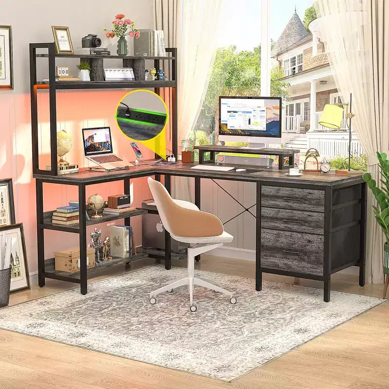 Besiost L Shaped Computer Desk with Hutch, Power Outlets, LED Lights & Storage Drawers