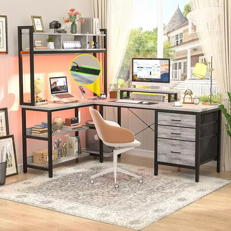Besiost L Shaped Computer Desk with Hutch, Power Outlets, LED Lights & Storage Drawers