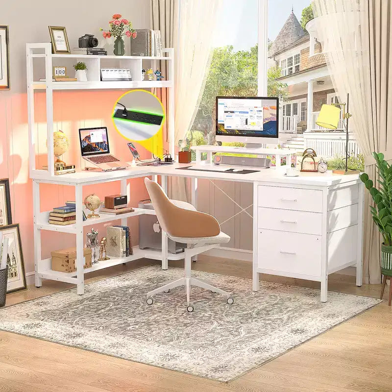 Besiost L Shaped Computer Desk with Hutch, Power Outlets, LED Lights & Storage Drawers