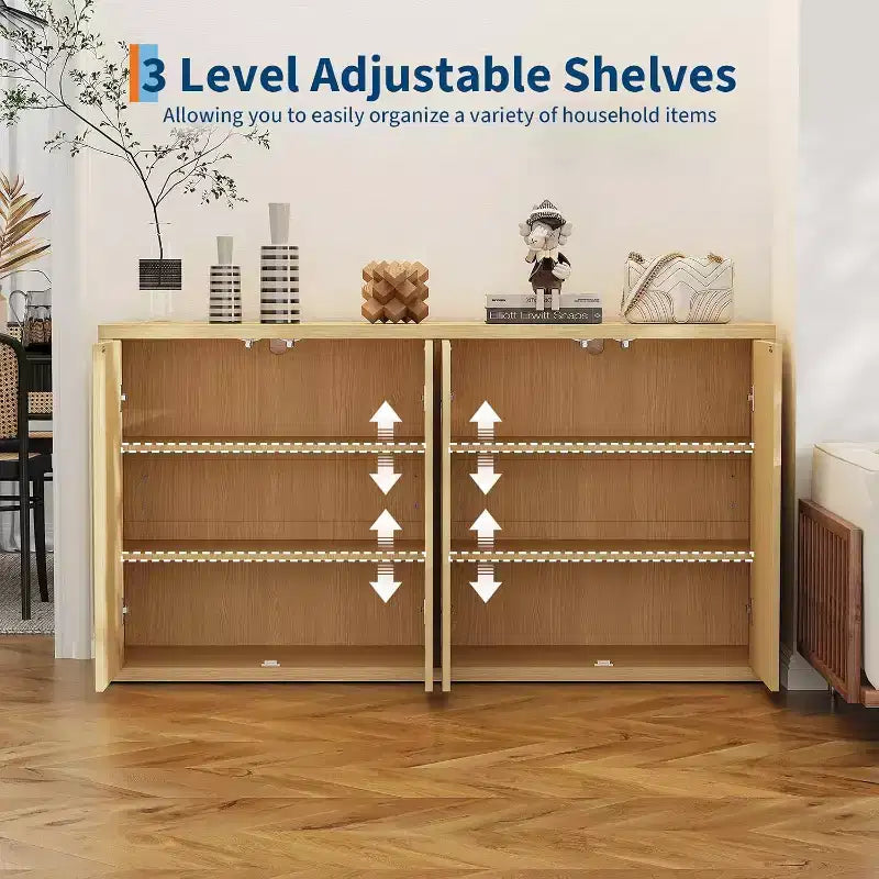 66.3 Fluted Buffet Cabinet with Storage, Wide Sideboard Cabinet with 4 Doors & Adjustable Shelves, for Kitchen, Entryway, Living Room