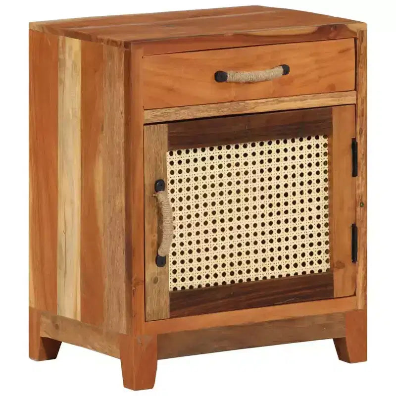 vidaXL Bedside Cabinet - Classic-Style Accent Furniture with Reclaimed Wood Construction and Natural Cane Door for Bedroom Decor