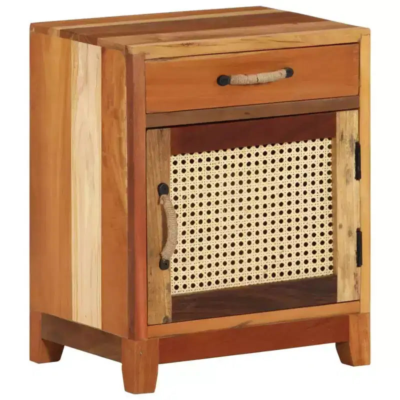 vidaXL Bedside Cabinet - Classic-Style Accent Furniture with Reclaimed Wood Construction and Natural Cane Door for Bedroom Decor