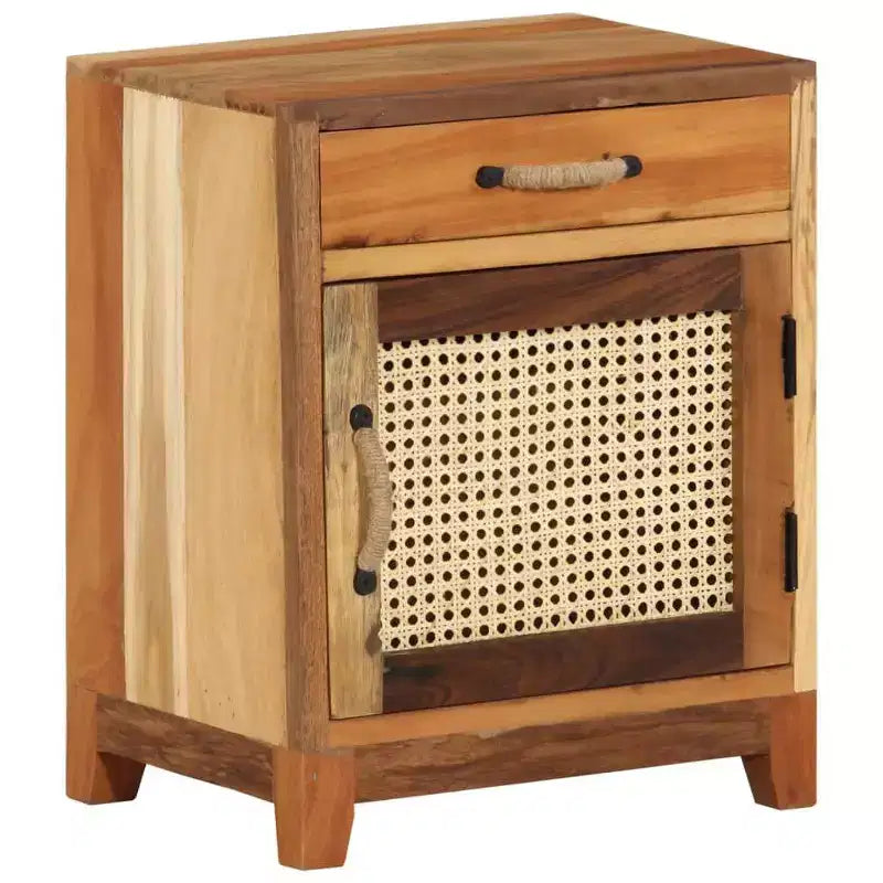 vidaXL Bedside Cabinet - Classic-Style Accent Furniture with Reclaimed Wood Construction and Natural Cane Door for Bedroom Decor