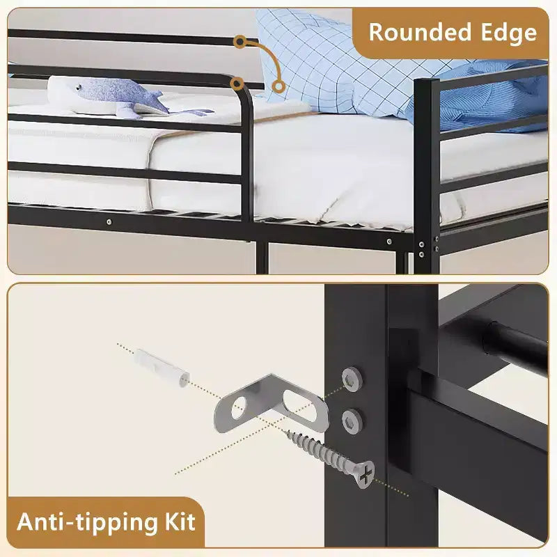 JOYMOR Bunk Bed Twin Over Twin, Metal Twin Size Bed Frame with Safety Guardraild for Boys , Profile Space Saving Design
