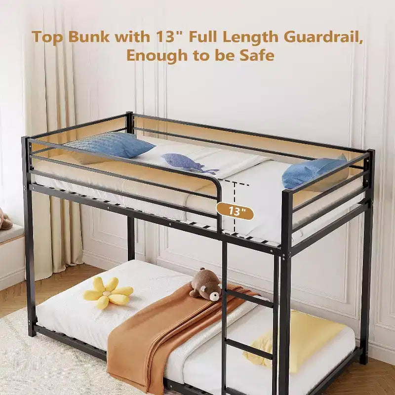 JOYMOR Bunk Bed Twin Over Twin, Metal Twin Size Bed Frame with Safety Guardraild for Boys , Profile Space Saving Design
