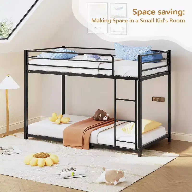 JOYMOR Bunk Bed Twin Over Twin, Metal Twin Size Bed Frame with Safety Guardraild for Boys , Profile Space Saving Design